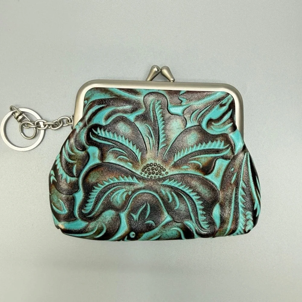 PATRICIA NASH Borse Tooled Leather Coin Purse Kiss Lock Turquoise Floral Western